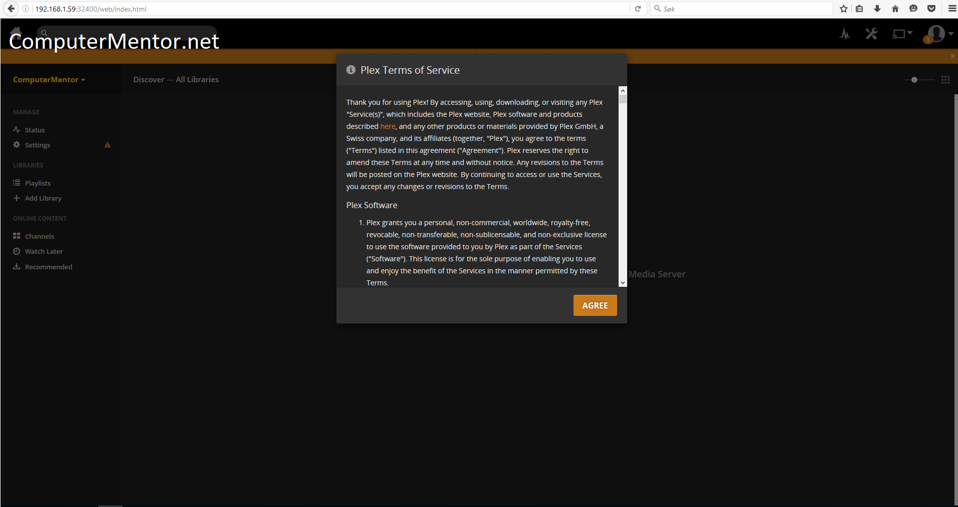 Comfirmation for Plex Media Server being successfully installed