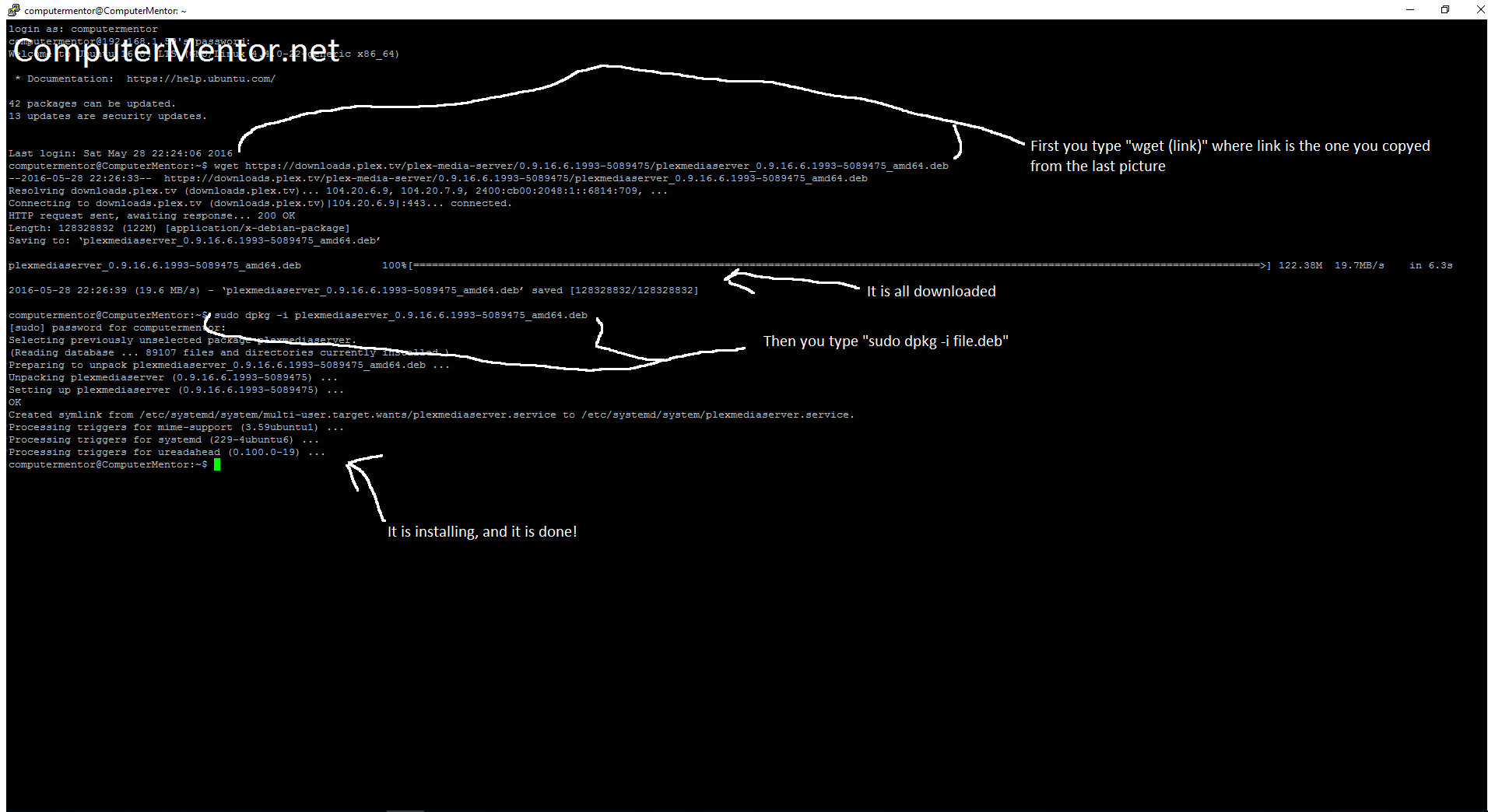How to wget Plex Media Server.deb and installing over SSH